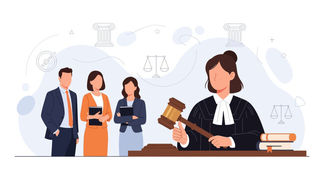 Legal Team and Judge with Gavel in Courtroom - Modern Flat Illustration