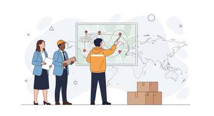 Fototapeta premium Logistics team planning global delivery routes and shipments on a world map
