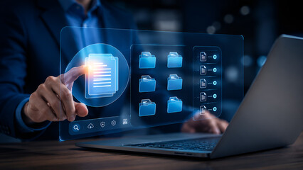 Fototapeta premium Document file icon with search and settings displayed on a transparent screen folder