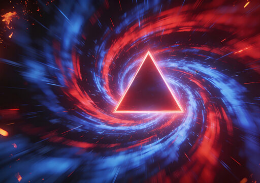 빨강 파랑 회오리 속 빛나는 네온 삼각형 &middot; Glowing Neon Triangle in Red and Blue Spiral Vortex