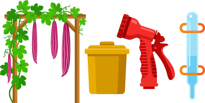 Smart Agriculture Snake Gourd Farming Vector Icon Set with Vine Crop Arbour Hose Nozzle Bucket and Liquid Hydrometer Tester Elements