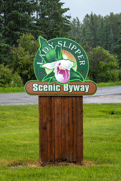 Lady Slipper Scenic Byway sign near Blackduck Minnesota marking Beltrami County Highway 39 which is a scenic route known for abundant wild lady slipper orchids