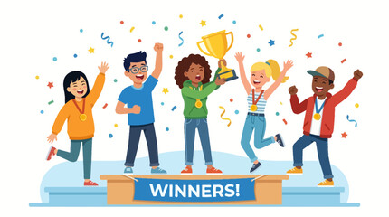 Fototapeta premium Diverse Kids Celebrate Victory on Podium with Trophy, Confetti, Medals