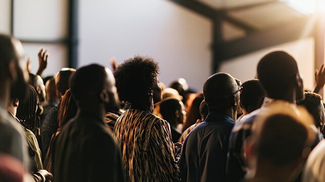 Diverse African Congregation Worshiping in Modern Church, Warm Golden Light, Wide Banner with Copy Space