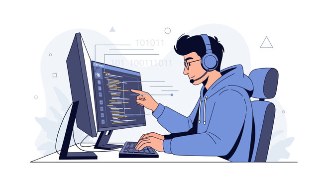 Programmer wearing headphones, coding on multiple computer screens, digital illustration