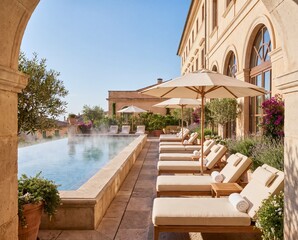 Fototapeta premium Sophisticated garden pool deck with landscaped pool deck for boutique hotel campaigns