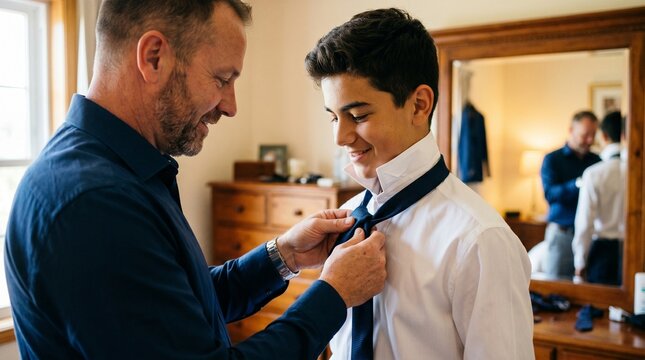 Father helps teenage son tie necktie for special occasion in bedroom preparation for event