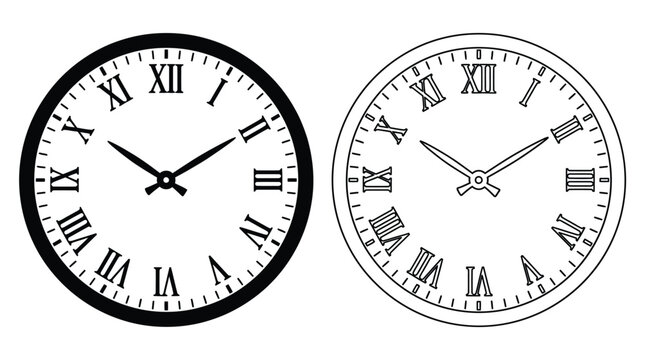 Clock faces with roman numerals black and white vector illustration