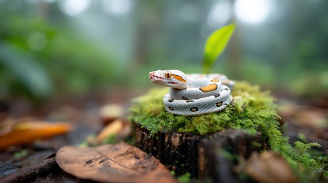 Baby snake coiled on mossy stump in a misty forest. Green leaves nearby