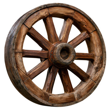 Rustic wooden wagon wheel with dark spokes and aged circular rim as a vintage decorative object isolated on transparent background
