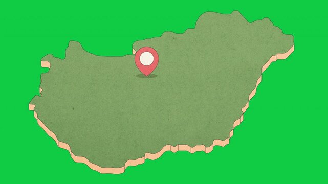Animated Hungary Map with Bouncing Location Marker on Budapest City, Transparent Background, Alpha Channel, 4K resolution