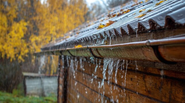 Heavy rain storm water overflowing gutter roof drainage system rainwater rushing from roof edge during severe weather outdoor drainage flow and flooding concept