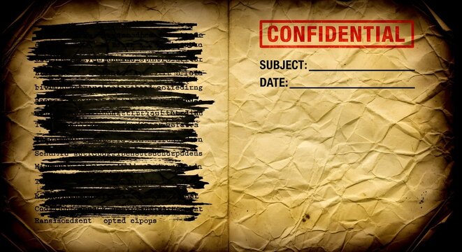 A crumpled, vintage document with a red "CONFIDENTIAL" stamp and heavily redacted black text.