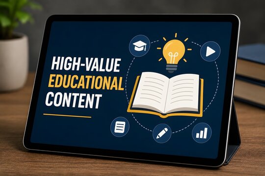Tablet displaying HIGH-VALUE EDUCATIONAL CONTENT with icons representing learning, idea, and progress for the concept of online learning and knowledge acquisition.