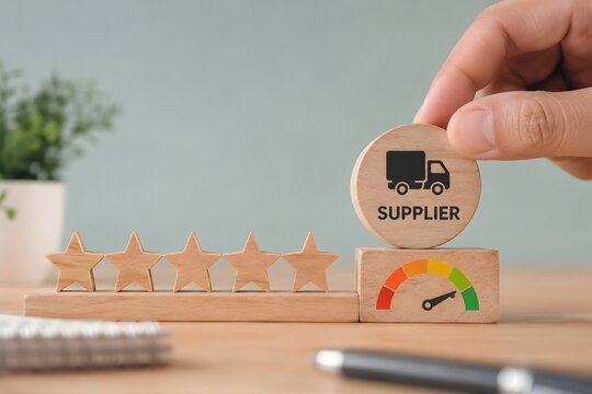 A hand placing a block with a truck and the word supplier on it next to star ratings, representing supplier evaluation and quality control.