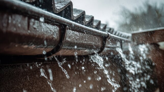 Heavy rain storm water overflowing gutter roof drainage system rainwater rushing from roof edge during severe weather outdoor drainage flow and flooding concept