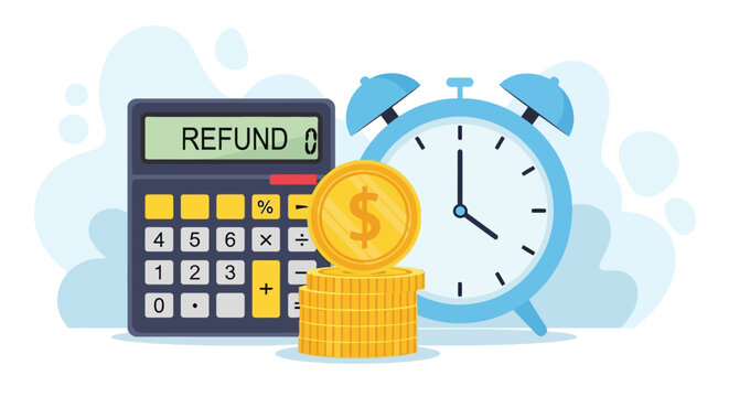Financial refund concept with calculator displaying word refund near alarm clock and gold coin stack representing urgent money back service for customers.