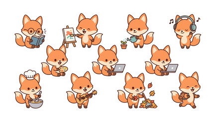 Fototapeta premium Cute Fox Characters Doing Various Activities