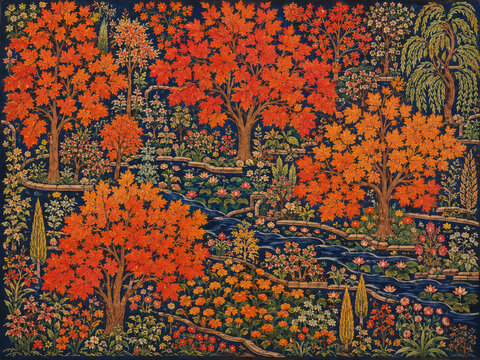 Traditional Kashmiri Chinar Garden Art Print, Flat Naqashi Painting for Heritage Luxury Decor