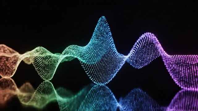 Abstract digital audio wave vibrating with vibrant neon gradient particles