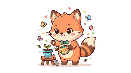 Fototapeta premium Cute Fox Watering Plant, Cartoon Illustration