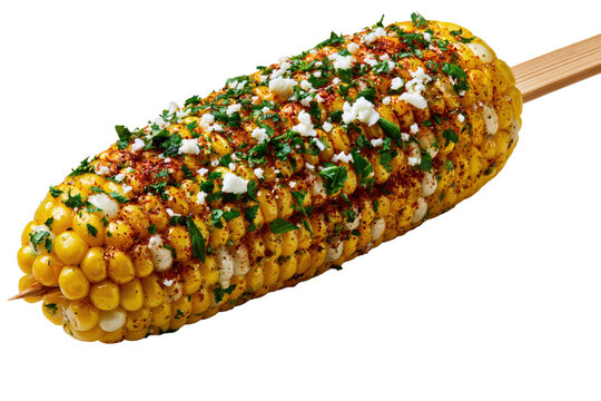 Mexican street corn on a wooden skewer topped with cheese, chili powder and herbs, isolated on transparent background
