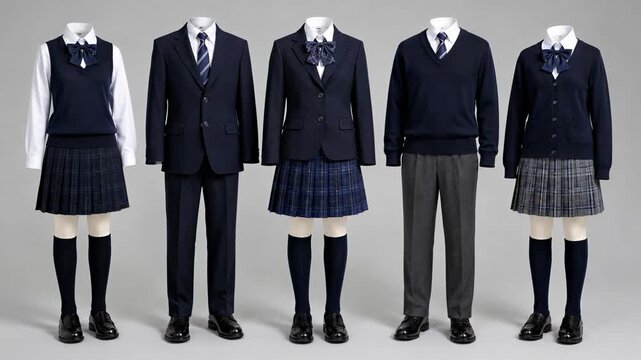 Set of formal school uniforms for boys and girls displayed together, education, dress code and student apparel concept.