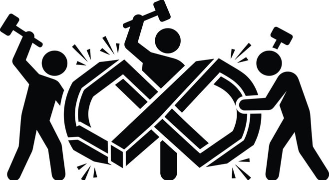 Infinity symbol forged from heavy steel beams by industrial workers