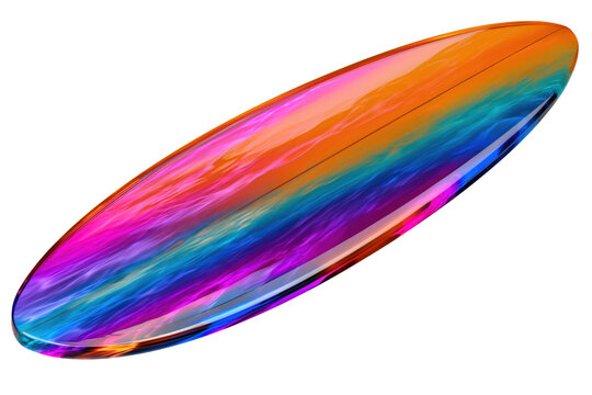Bright transparent surf board featuring a vivid multicolor gradient and sleek recreational shape, isolated on transparent background
