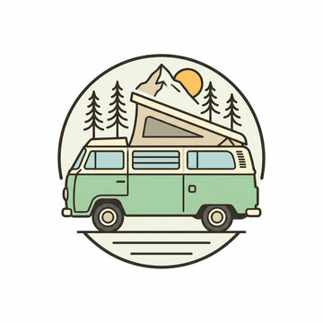 Circular retro vector emblem sticker of a vintage camper van with pop up roof tent