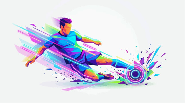 Dynamic Football Kick: An abstract, vibrant illustration captures the intense action of a soccer player mid-kick, with colorful, energetic streaks and geometric shapes exploding from the ball.