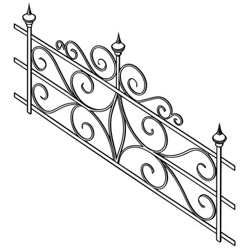 Decorative metal fence with scroll work iron rail.