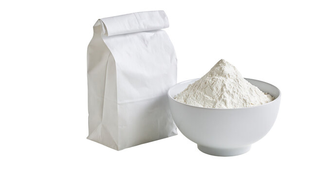 White paper bag next to bowl of flour