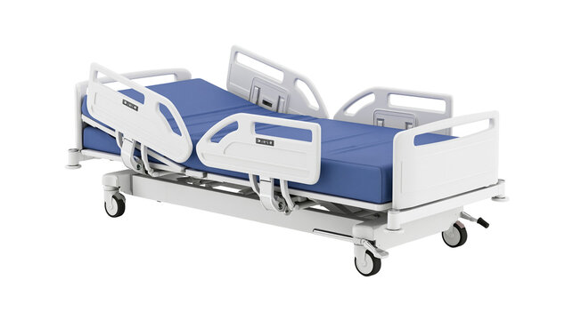 Adjustable hospital bed with blue mattress and white side rails
