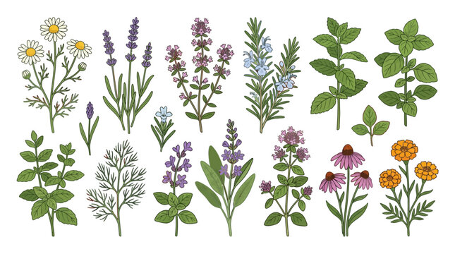Herbal plants illustration: lavender, chamomile, rosemary, mint, sage, echinacea, marigold, thyme