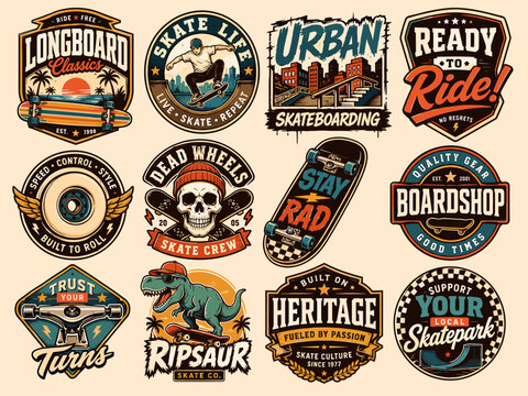 A collection of twelve vintage-style badges and emblems celebrating skateboarding and longboarding culture with various designs and typography.