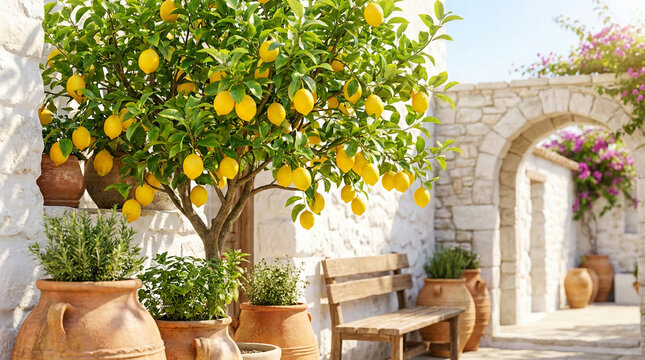 Sunlit Mediterranean courtyard with a bountiful lemon tree and terracotta pots