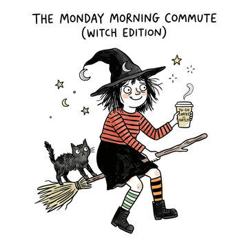 Monday morning commute witch edition with coffee and flying broom.