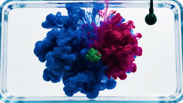 Ink in water color diffusion loop top-down slow motion, cobalt blue crimson emerald ink blooming underwater, vivid color bloom sequence, artistic mesmerizing loop for creative beauty brand video.