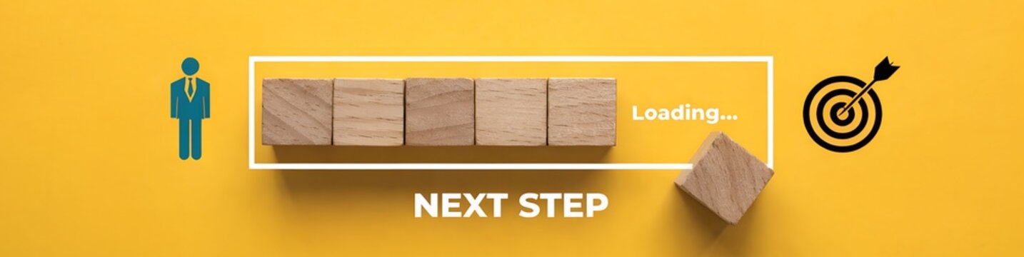 Wooden Blocks Filling Progress Bar With Next Step Text Businessman Icon and Target on Yellow Background for Business Goal Progress Career and Achievement Concept