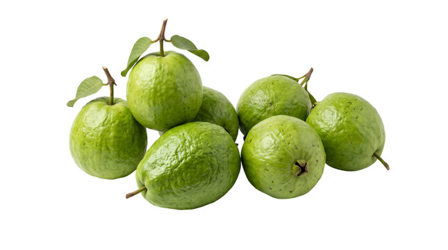 Fresh green guavas with leaves, isolated on transparent background