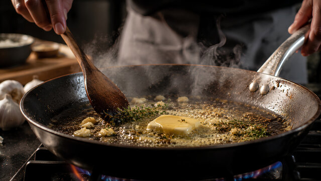 Chef stirring aromatics and butter melting in a hot skillet with steam rising, close-up of home cooking and gourmet preparation