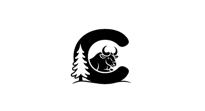 Bull Head Silhouette with Tree and Crescent Moon Design.