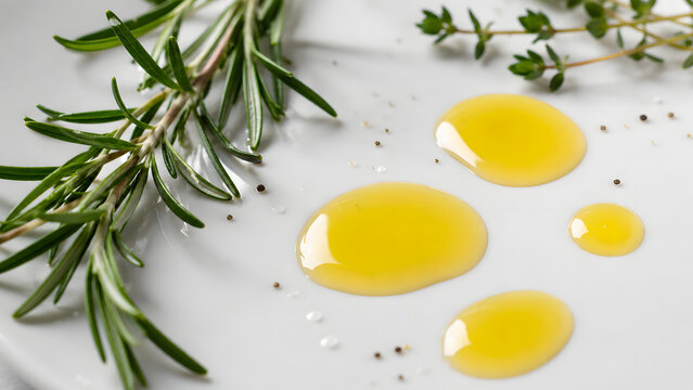 Fresh olive oil drizzles with rosemary and thyme sprigs on white plate rosemary ingredient culinary seasoning nutrition preparation mediterranean gastronomy botanical aromatic vegetarian