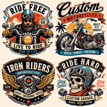 Four vintage-style motorcycle club and custom bike graphic designs, featuring bikers, engines, and skulls with inspirational slogans.