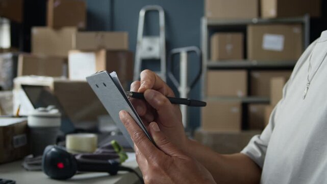 Cropped shot of worker holding clipboard, counting boxes and writing notes in warehouse. Footage is perfect for supply chain management, e-commerce logistics, and inventory training videos