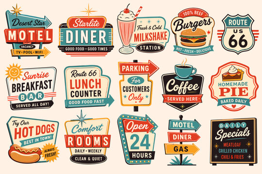 A vibrant collection of retro American roadside signs and emblems, featuring vintage diner, motel, food, and service advertisements with a classic 1950s aesthetic.