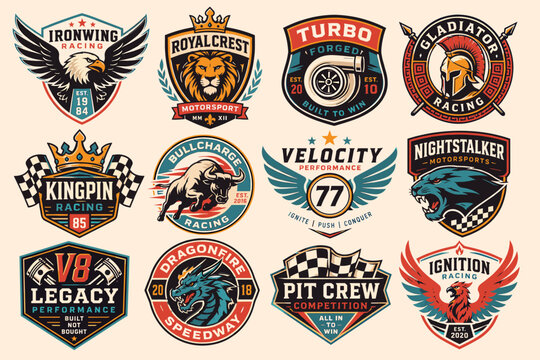 A vibrant collection of vintage racing emblems and motorsport badges featuring various animals, vehicles, and speed-related motifs, perfect for sports branding.