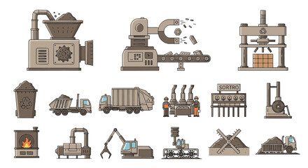 Industrial factory machinery and waste management vector icons set © Ibnu