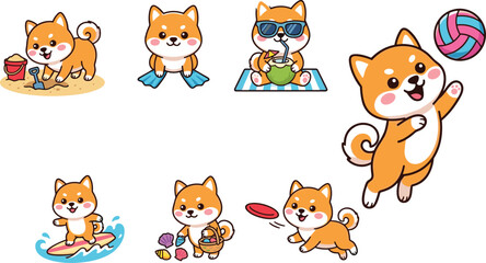 Fototapeta premium Cute kawaii Shiba Inu dog cartoon character collection with summer beach activities, playful puppy poses and adorable sticker illustrations
